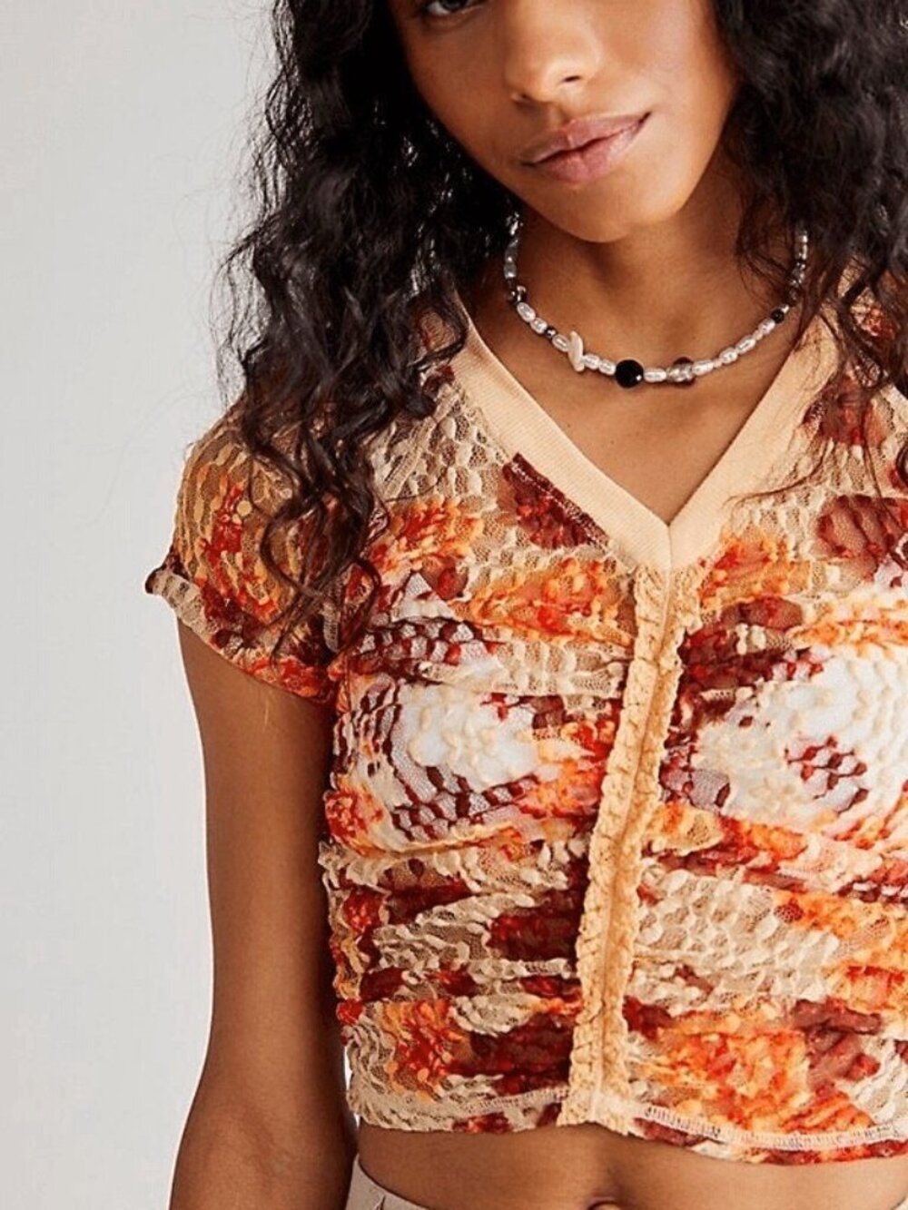 Free People Solana Women’s M V-Neck Ruched Sheer Cropped Cuff Short Sleeve Top